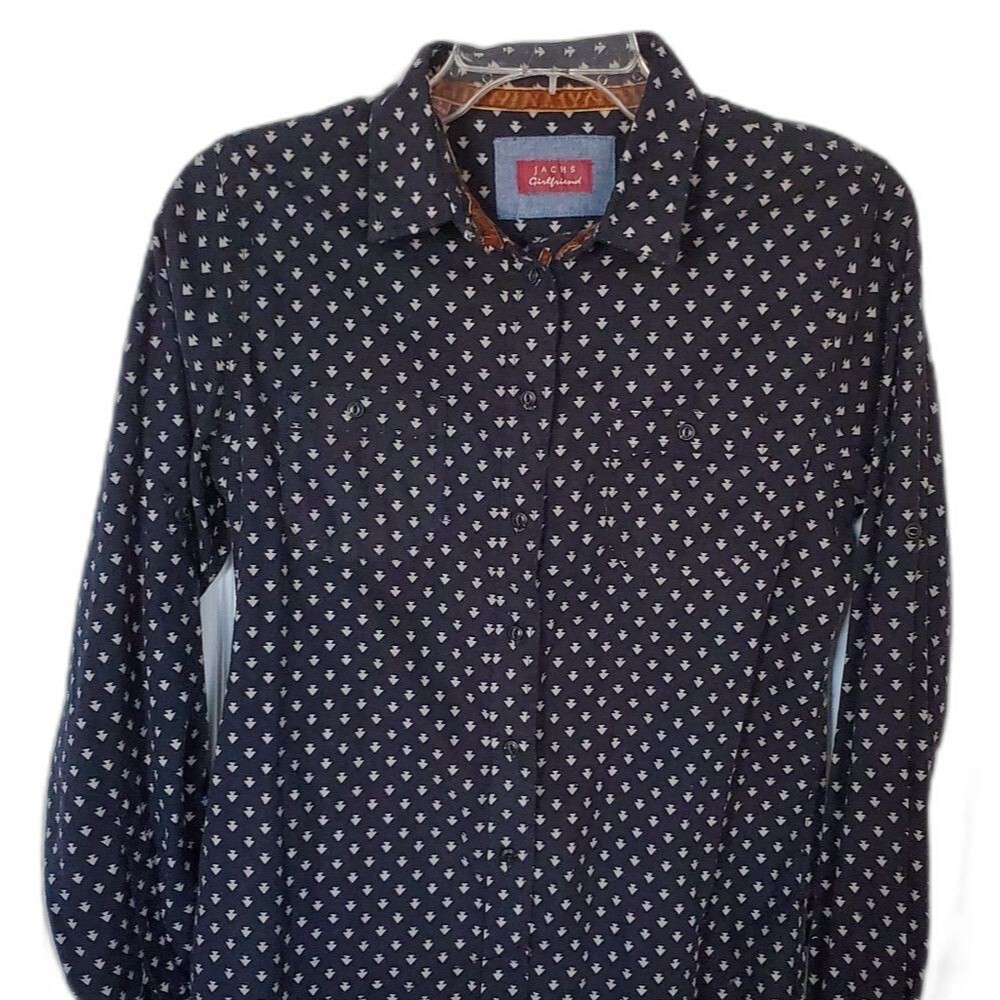 NWT Jachs Girlfriend Women's Button-down Shirt Small Blue Cream Cotton Flannel